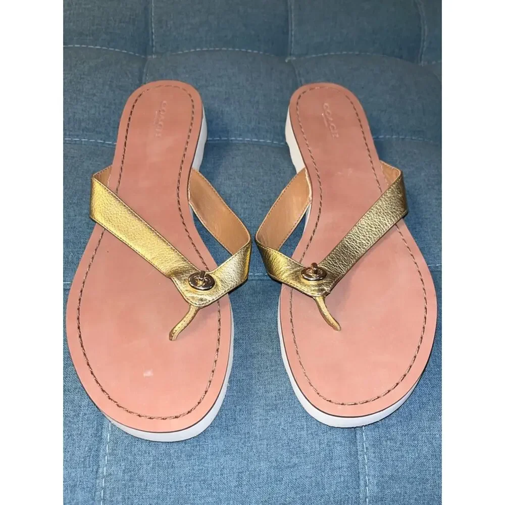 Coach Womens Shelly Leather Flip Flop Metallic Gold Tumble Size 11B